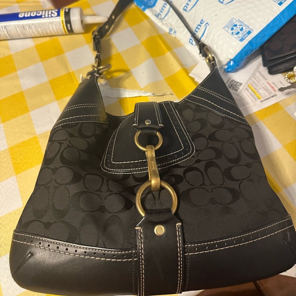 Coach Hamptons Black Signature Jacqard w/Leather Trim Shoulder Bag